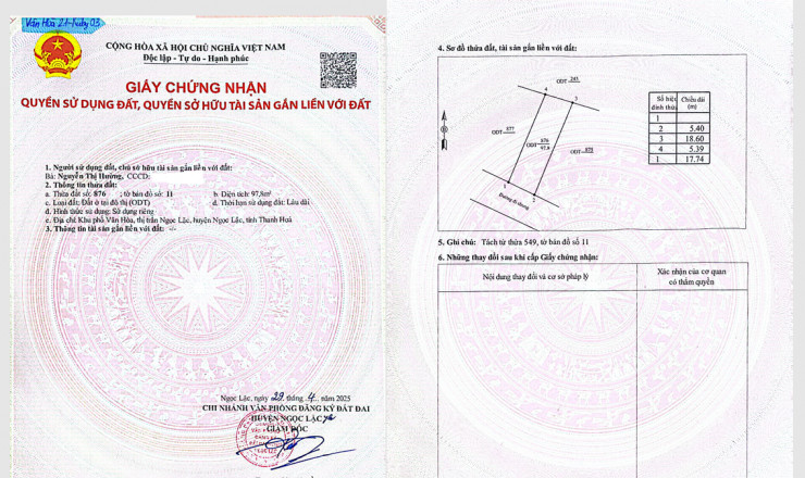 Bán đất Khu Phố Vân Hòa, Ngọc Lặc, Thanh Hóa 301 triệu - 97,8 m2 full 100% thổ cư, sẵn sổ đỏ
